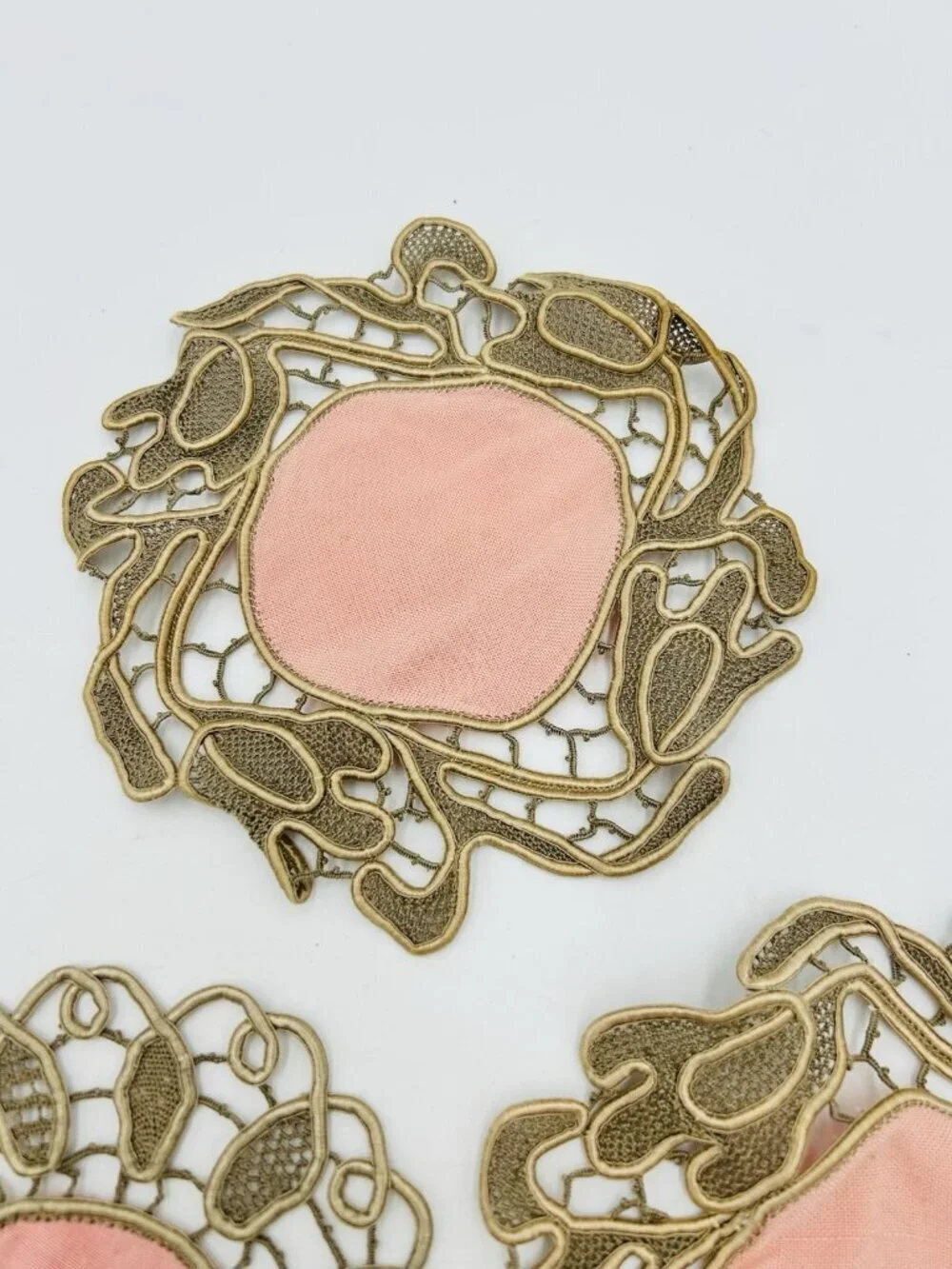 Vintage Lace Doilies Round Crochet Embroidered Beige Pink Coasters Set of 3